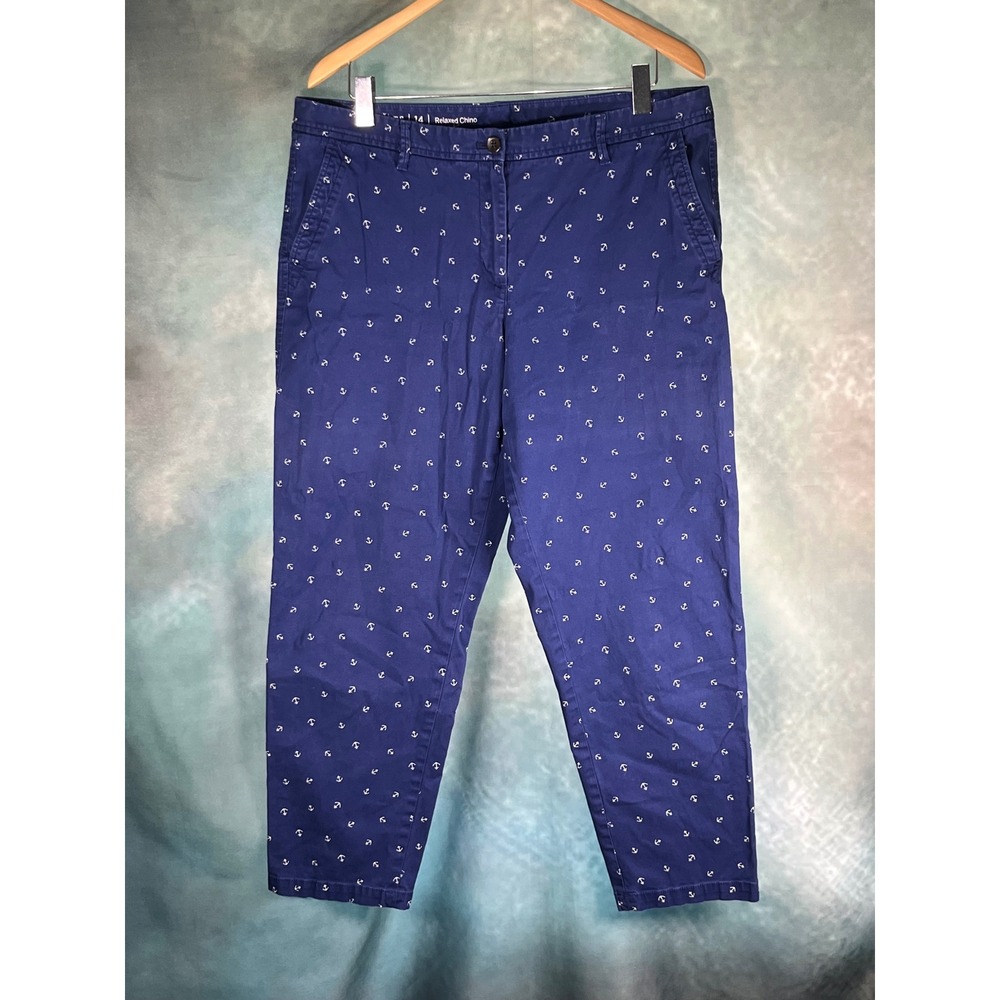 Talbots Womens 14 Relaxed Chino Pants Navy Blue White Anchor Embroidered Cropped